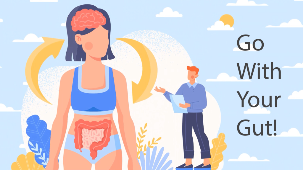 Graphic of women with her brain and intestines visible to illustrate the connection between the gut and the brain.