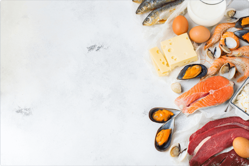 Assortment of healthy vitamin B12 cobalamin source food