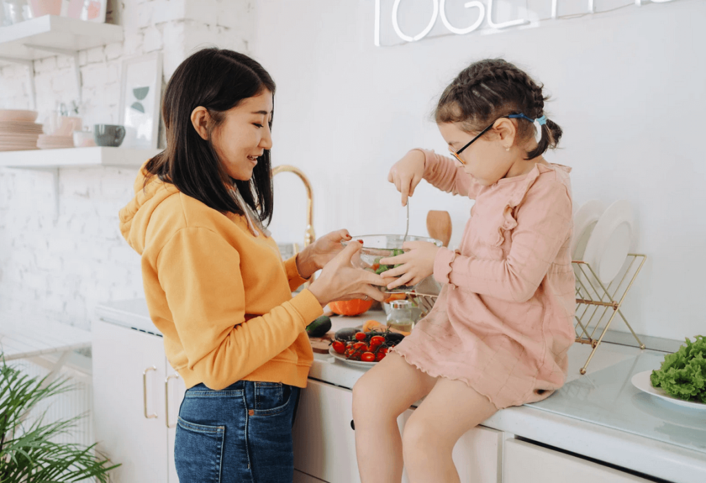 Woman talks with her child about nutrition